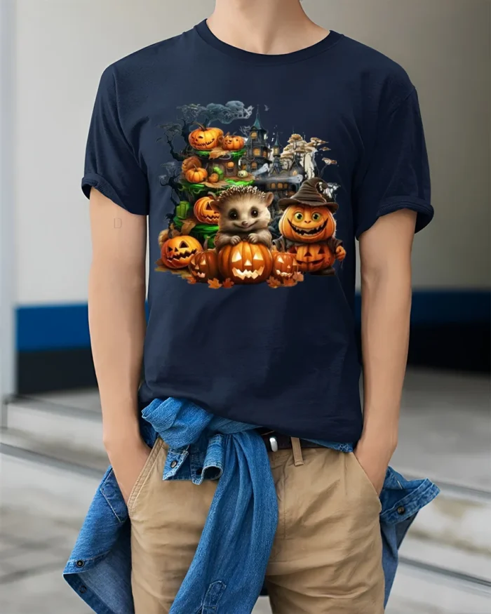 Hedgehog Pumpkin Halloween Haunted T-Shirt - model wearing navy shirt, hands in pockets