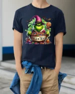Trick or Treat Candy Monster Halloween T-Shirt - model wearing navy shirt, hands in pockets