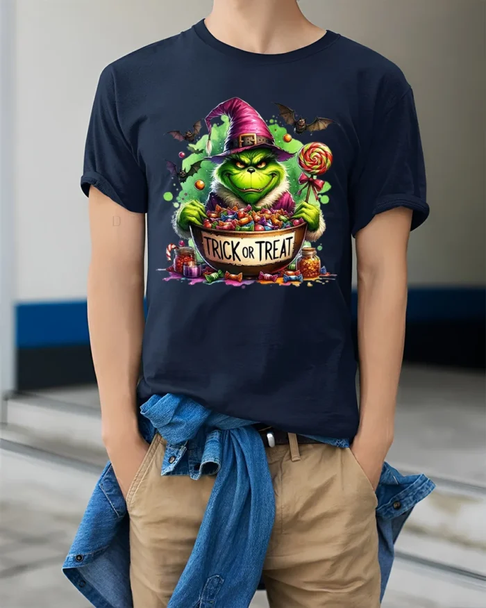 Trick or Treat Candy Monster Halloween T-Shirt - model wearing navy shirt, hands in pockets