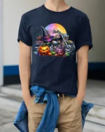 Halloween Motorcycle Pumpkin Rider T-Shirt - model wearing navy shirt, hands in pockets
