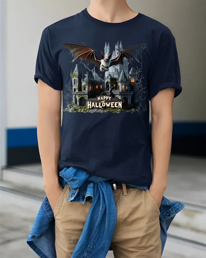 Haunted Castle Bat Happy Halloween T-Shirt - model wearing navy shirt, hands in pockets