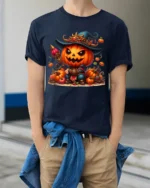Pumpkin Warrior Halloween Witch Hat T-Shirt - model wearing navy shirt, hands in pockets