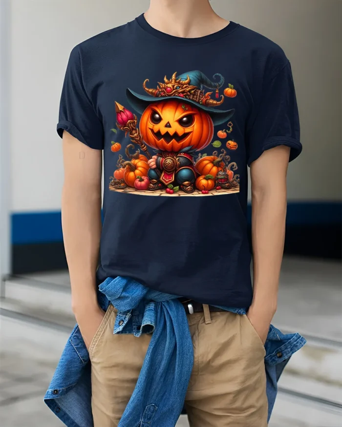 Pumpkin Warrior Halloween Witch Hat T-Shirt - model wearing navy shirt, hands in pockets