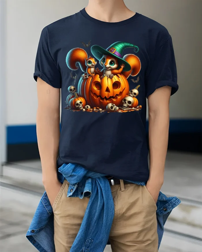 Halloween Squirrel Pumpkin Witch Hat T-Shirt - model wearing navy shirt, hands in pockets