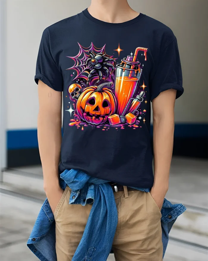Halloween Pumpkin Drink Graphic T-Shirt - model wearing navy shirt, hands in pockets