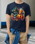 Skull Pumpkin Spider Halloween Drink T-Shirt - model wearing navy shirt, hands in pockets