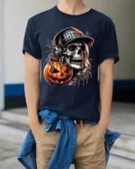 Halloween Skull DJ Pumpkin Graphic T-Shirt - model wearing navy shirt, hands in pockets