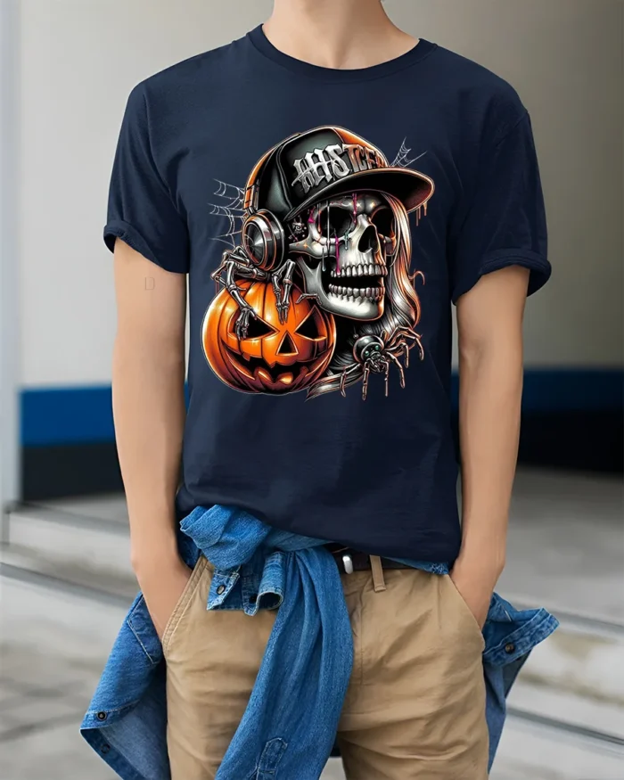 Halloween Skull DJ Pumpkin Graphic T-Shirt - model wearing navy shirt, hands in pockets