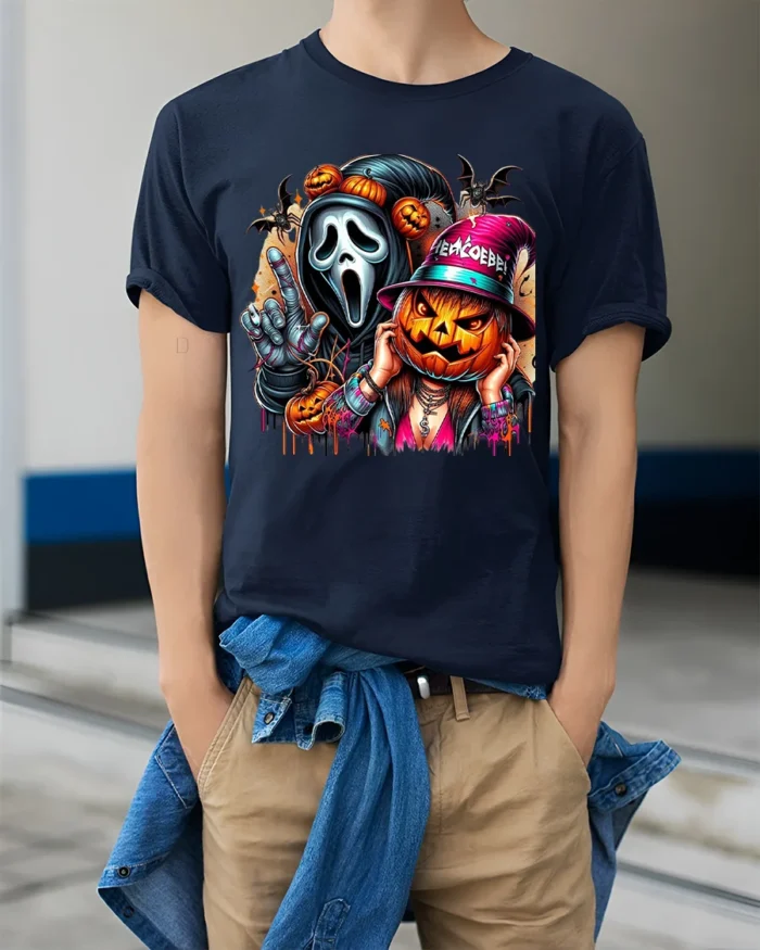 Halloween Mask and Pumpkin Party T-Shirt - model wearing navy shirt, hands in pockets