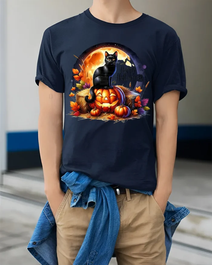 Black Cat Pumpkin Halloween Night T-Shirt - model wearing navy shirt, hands in pockets