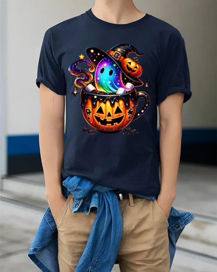 Brew Boo Crew Halloween Ghost Pumpkin T-Shirt - model wearing navy shirt, hands in pockets