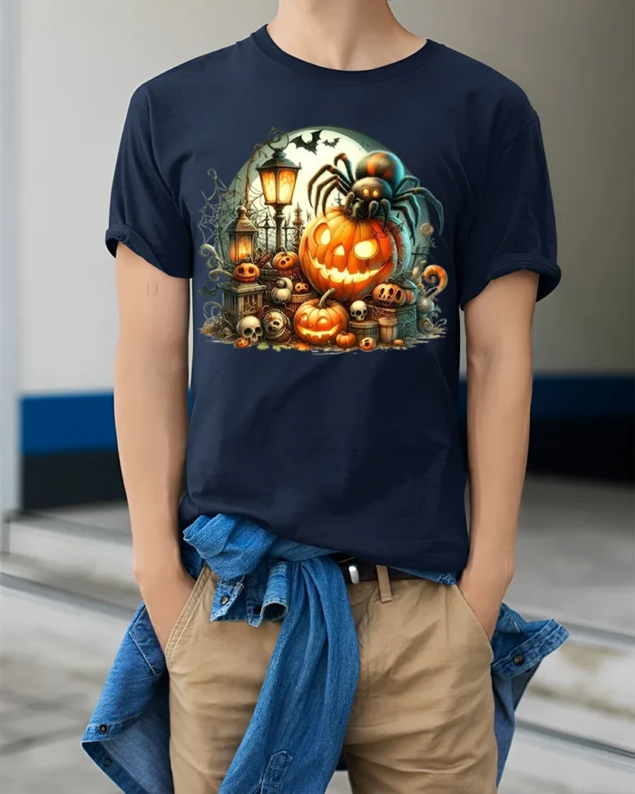 Halloween Spider Pumpkin Graveyard T-Shirt - model wearing navy shirt, hands in pockets