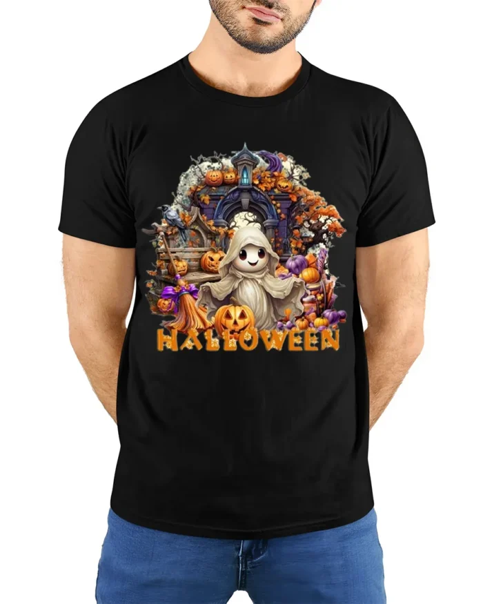 Cute Ghost Halloween T-Shirt with Pumpkin Print - model wearing black shirt, hands behind back