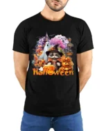 Halloween Cat Ghost Pumpkin Graphic T-Shirt - model wearing black shirt, hands behind back