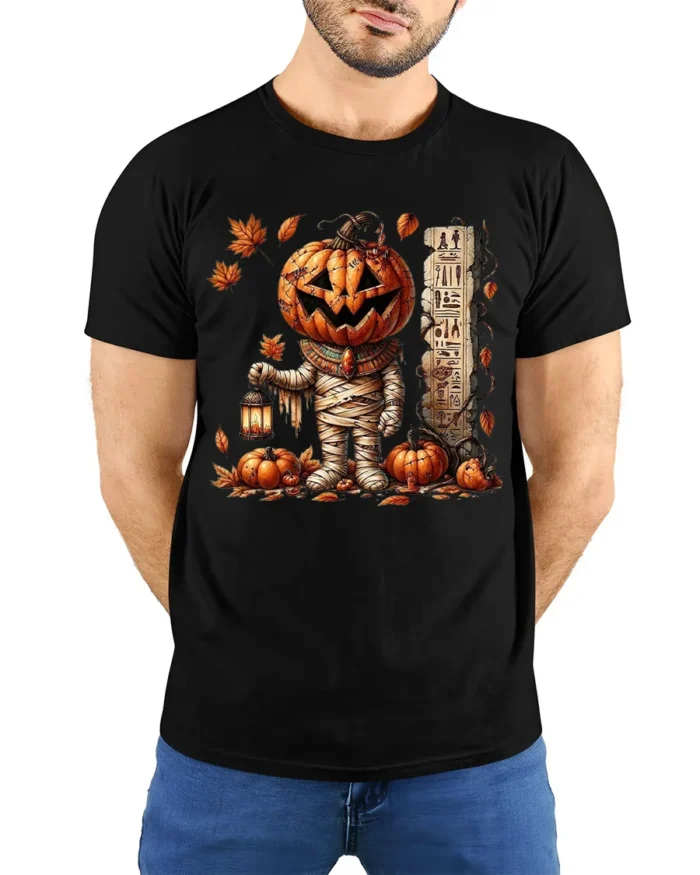 Pumpkin Mummy Halloween Lantern Graphic T-Shirt - model wearing black shirt, hands behind back