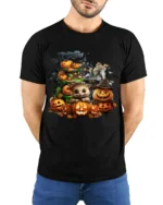 Hedgehog Pumpkin Halloween Haunted T-Shirt - model wearing black shirt, hands behind back