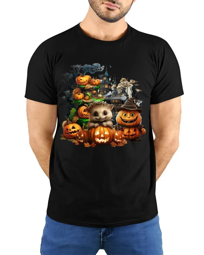 Hedgehog Pumpkin Halloween Haunted T-Shirt - model wearing black shirt, hands behind back