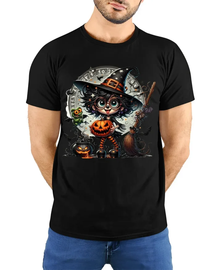 Cute Witch Pumpkin Halloween Magic T-Shirt - model wearing black shirt, hands behind back