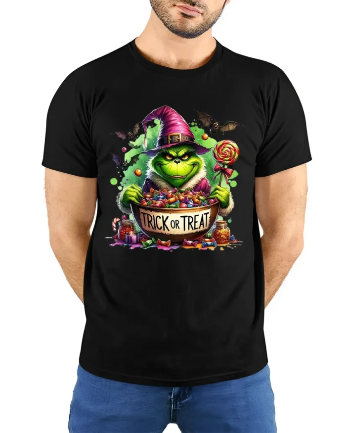 Trick or Treat Candy Monster Halloween T-Shirt - model wearing black shirt, hands behind back
