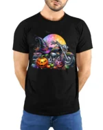 Halloween Motorcycle Pumpkin Rider T-Shirt - model wearing black shirt, hands behind back
