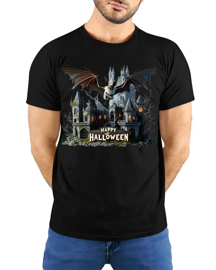 Haunted Castle Bat Happy Halloween T-Shirt - model wearing black shirt, hands behind back