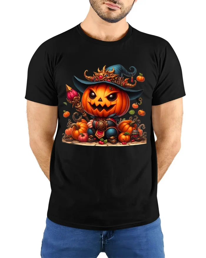 Pumpkin Warrior Halloween Witch Hat T-Shirt - model wearing black shirt, hands behind back