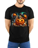 Halloween Squirrel Pumpkin Witch Hat T-Shirt - model wearing black shirt, hands behind back