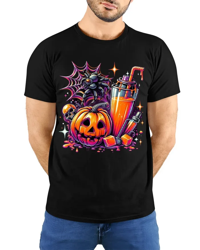 Halloween Pumpkin Drink Graphic T-Shirt - model wearing black shirt, hands behind back