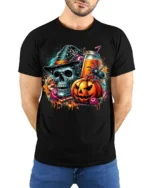 Skull Pumpkin Spider Halloween Drink T-Shirt - model wearing black shirt, hands behind back