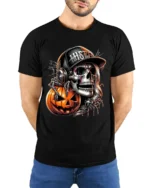 Halloween Skull DJ Pumpkin Graphic T-Shirt - model wearing black shirt, hands behind back