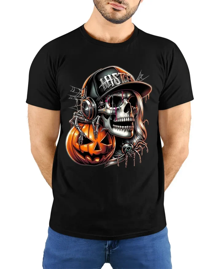 Halloween Skull DJ Pumpkin Graphic T-Shirt - model wearing black shirt, hands behind back
