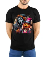 Halloween Mask and Pumpkin Party T-Shirt - model wearing black shirt, hands behind back