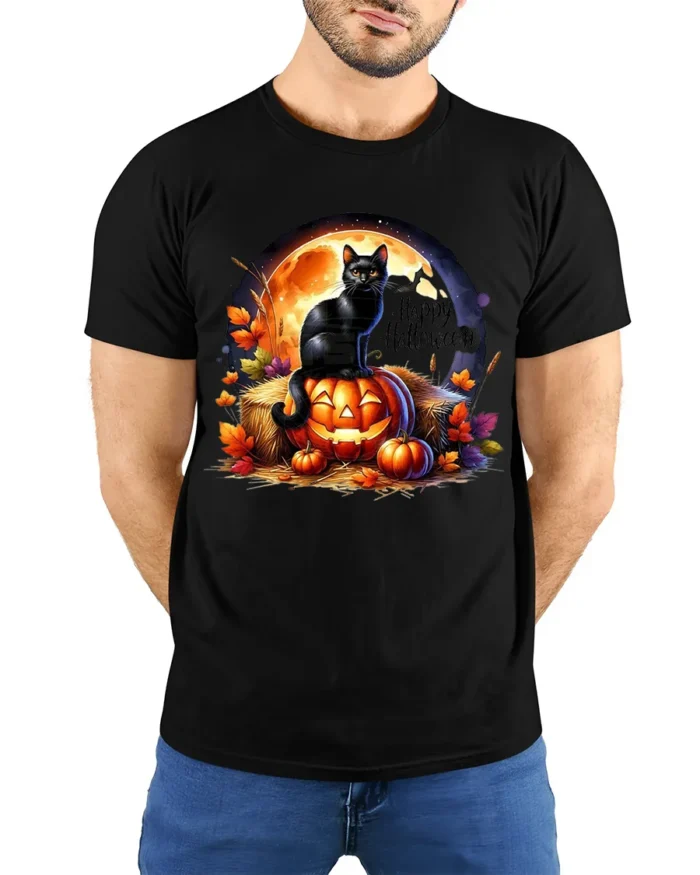Black Cat Pumpkin Halloween Night T-Shirt - model wearing black shirt, hands behind back