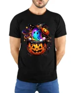 Brew Boo Crew Halloween Ghost Pumpkin T-Shirt - model wearing black shirt, hands behind back