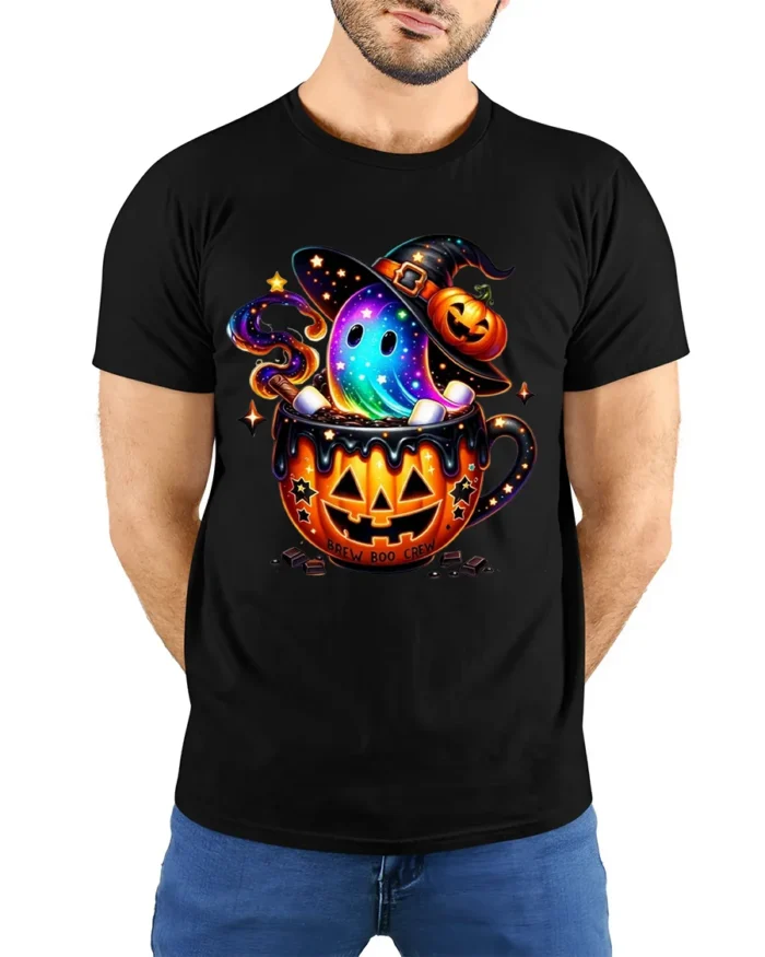 Brew Boo Crew Halloween Ghost Pumpkin T-Shirt - model wearing black shirt, hands behind back