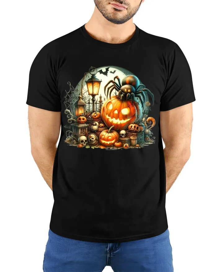Halloween Spider Pumpkin Graveyard T-Shirt - model wearing black shirt, hands behind back