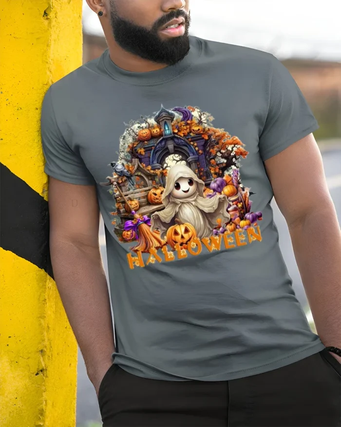 Cute Ghost Halloween T-Shirt with Pumpkin Print - model in grey shirt leaning against column