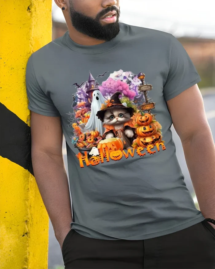 Halloween Cat Ghost Pumpkin Graphic T-Shirt - model in grey shirt leaning against column