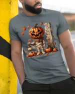 Pumpkin Mummy Halloween Lantern Graphic T-Shirt - model in grey shirt leaning against column
