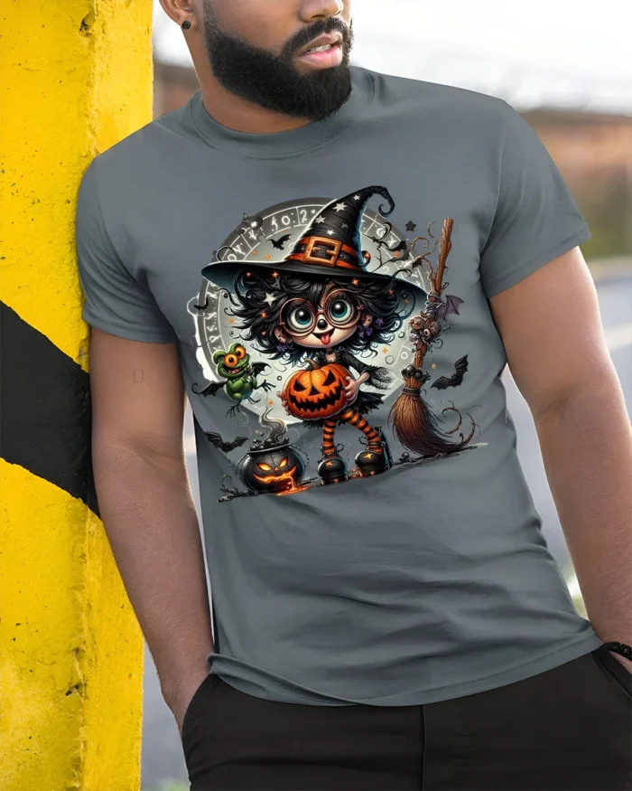 Cute Witch Pumpkin Halloween Magic T-Shirt - model in grey shirt leaning against column