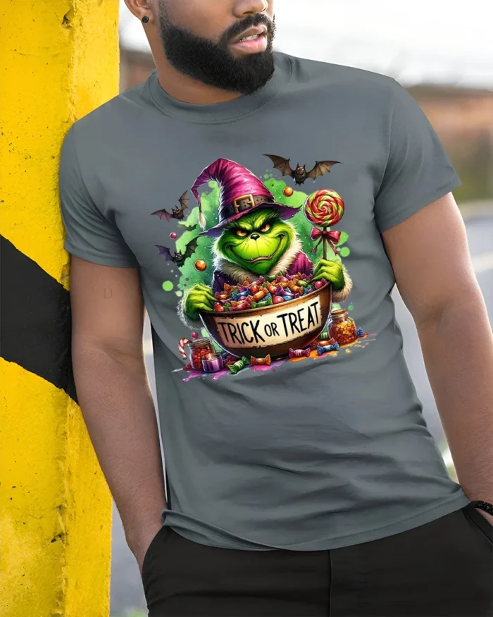 Trick or Treat Candy Monster Halloween T-Shirt - model in grey shirt leaning against column