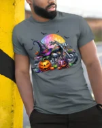 Halloween Motorcycle Pumpkin Rider T-Shirt - model in grey shirt leaning against column