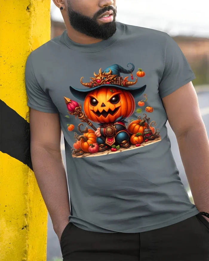 Pumpkin Warrior Halloween Witch Hat T-Shirt - model in grey shirt leaning against column