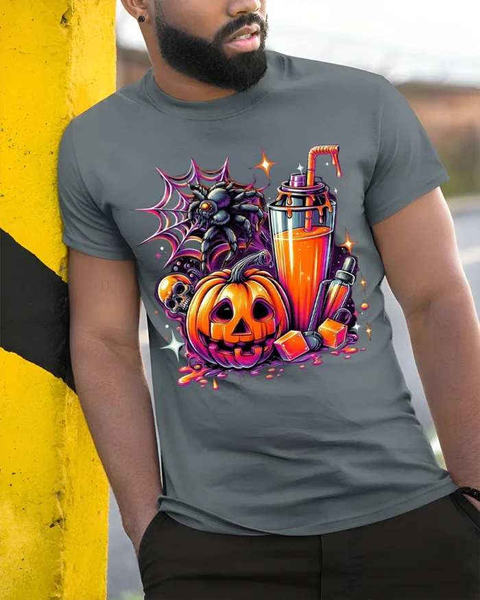 Halloween Pumpkin Drink Graphic T-Shirt - model in grey shirt leaning against column