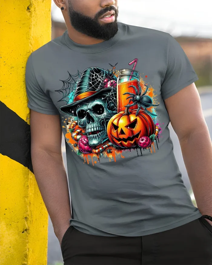 Skull Pumpkin Spider Halloween Drink T-Shirt - model in grey shirt leaning against column
