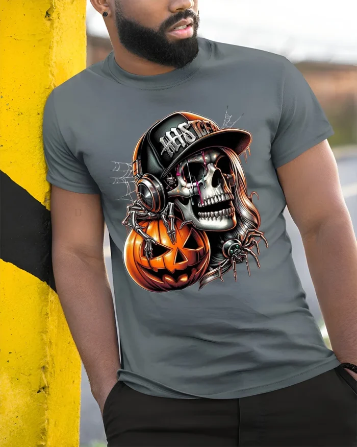 Halloween Skull DJ Pumpkin Graphic T-Shirt - model in grey shirt leaning against column