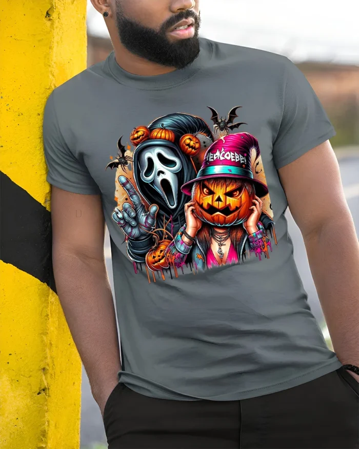 Halloween Mask and Pumpkin Party T-Shirt - model in grey shirt leaning against column