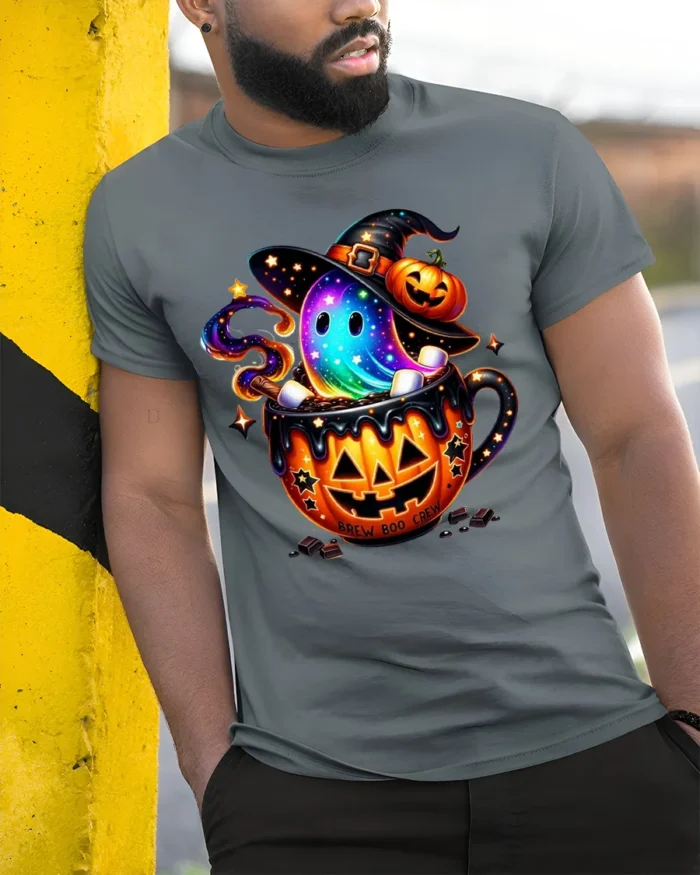 Brew Boo Crew Halloween Ghost Pumpkin T-Shirt - model in grey shirt leaning against column