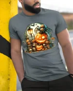 Halloween Spider Pumpkin Graveyard T-Shirt - model in grey shirt leaning against column