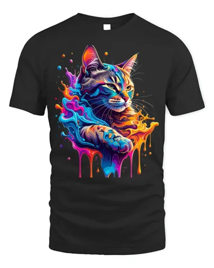 Colorful Neon Cat Splash Art Graphic Print T-Shirt